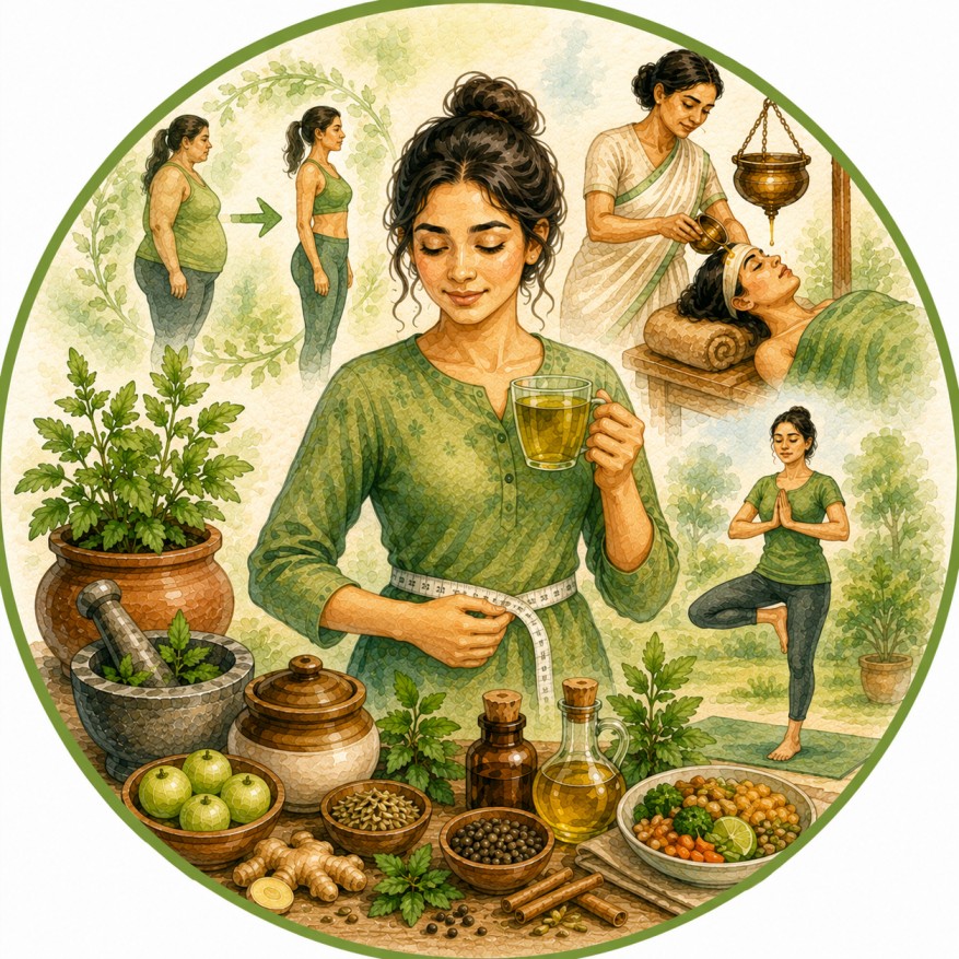 Traditional Ayurvedic mortar and pestle with fresh herbs