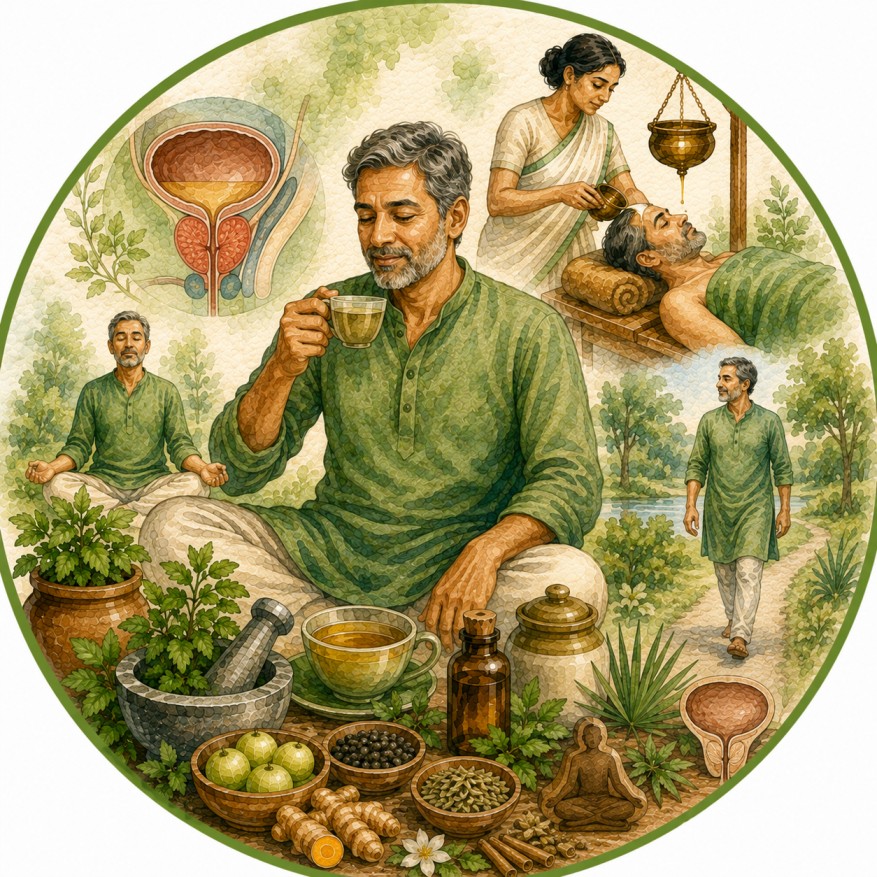 Traditional Ayurvedic mortar and pestle with fresh herbs