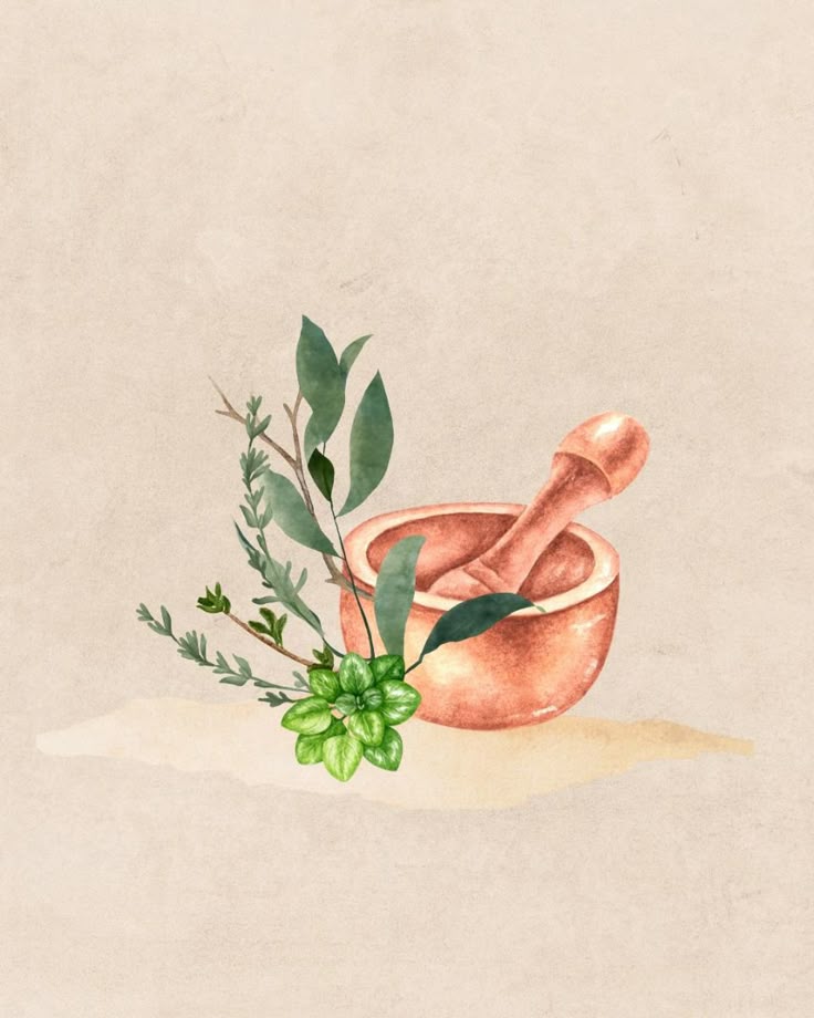 Traditional Ayurvedic mortar and pestle with fresh herbs